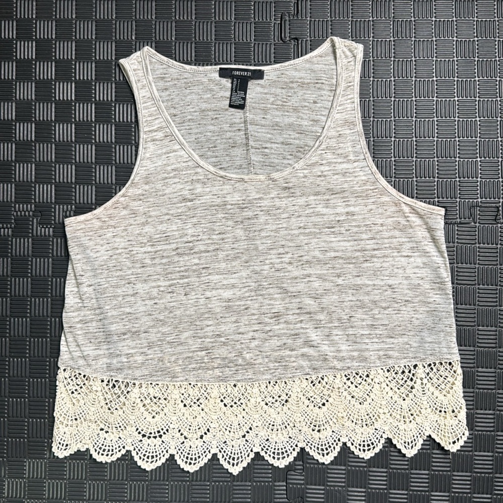 Forever21 Women Cropped Top - Ivory Lace Trim - Heathered Grey